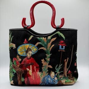 Vintage Isabella Fiore Kyoto Garden Tote Asian Oriental Handbag Beaded Sequined